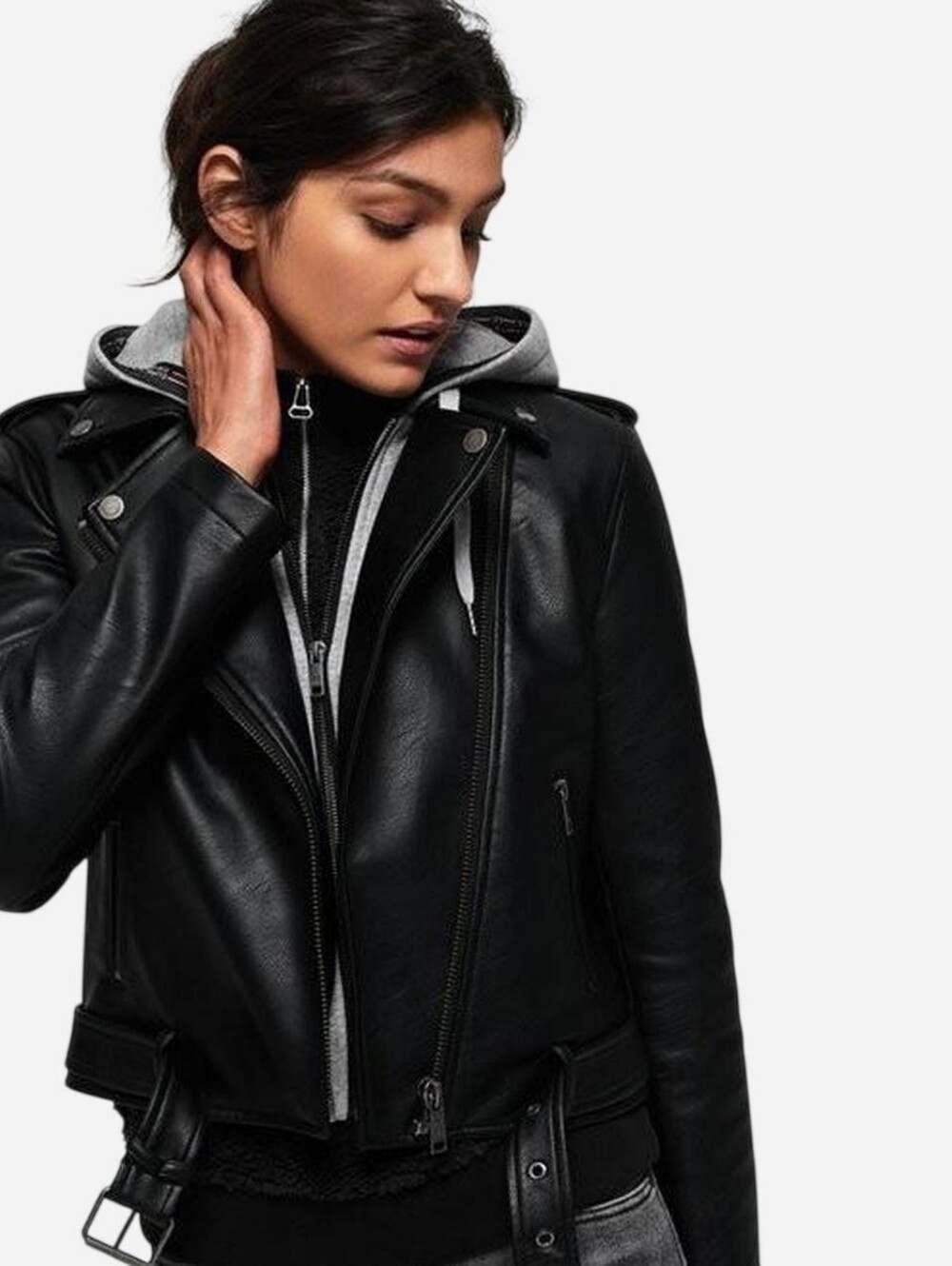 Superdry Black PU Jacket with Grey Hoodie